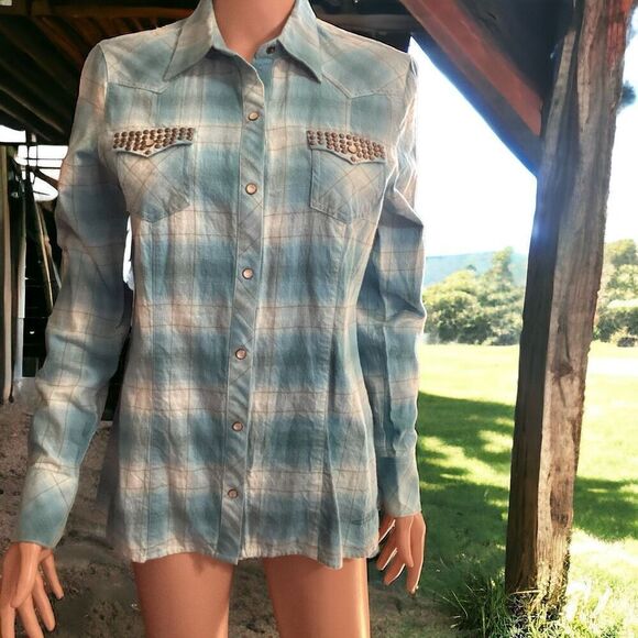 Women’s Stetson Turquoise Plaid Snap Front Shirt M - Picture 1 of 10